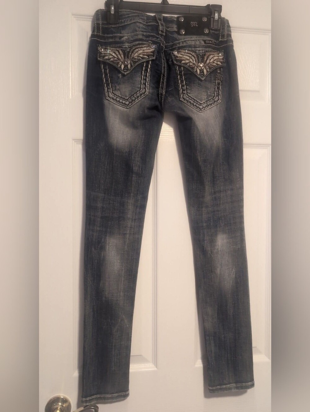 Miss Me Embellished Angel Wing Flap Pocket Thick Stitch Bootcut Jeans
